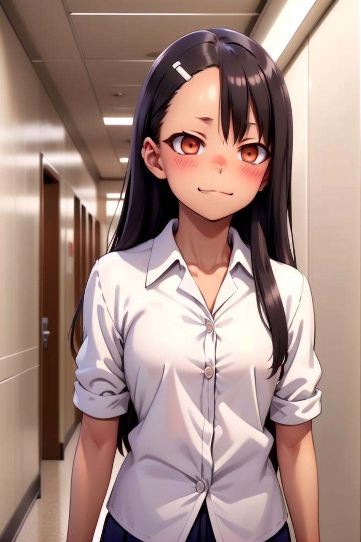 a girl nagatoro hayase standing in a japanese school hallway,  she is wearing a collared white shirt,  she has a smug expr...