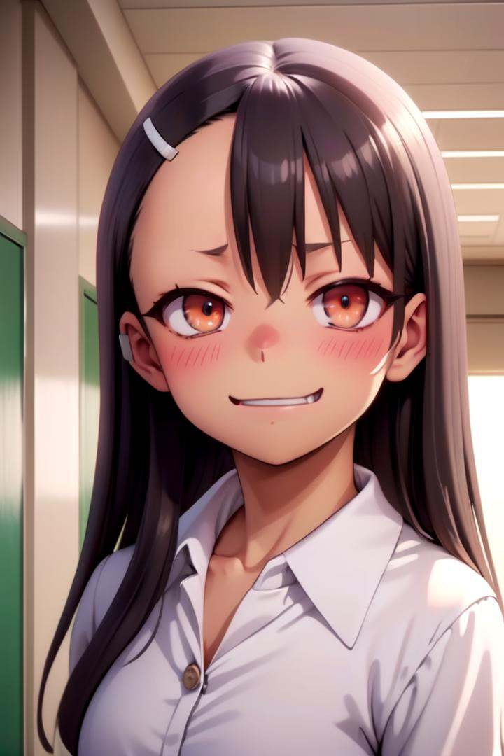 a girl nagatoro hayase standing in a japanese school hallway,  she is wearing a collared white shirt,  she has a smug expr...
