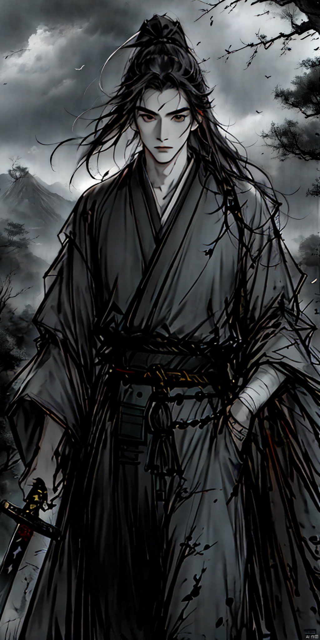 恐怖,solo, long hair, black hair, 1boy, holding, standing, ponytail, weapon, male focus, outdoors, japanese clothes, sky, sword, cloud, wide sleeves, holding weapon, tree, bandages, holding sword, from below, cloudy sky, grey sky