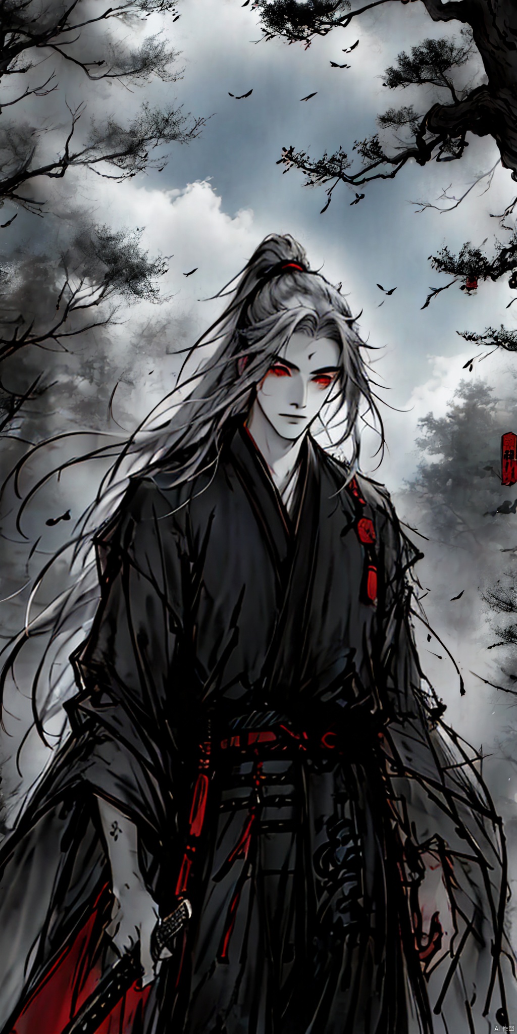 恐怖,solo,red eye, long hair, bwhite hair, 1boy, holding, standing, ponytail, weapon, male focus, outdoors, japanese clothes, sky, sword, cloud, wide sleeves, holding weapon, tree, bandages, holding sword, from below, 