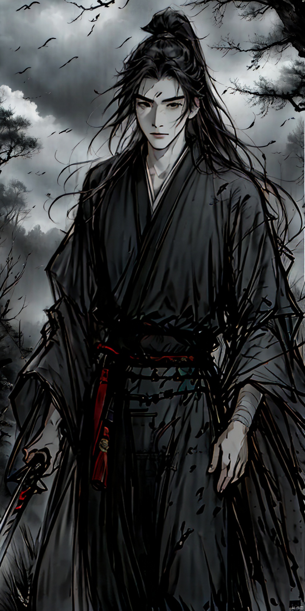 恐怖,solo, long hair, black hair, 1boy, holding, standing, ponytail, weapon, male focus, outdoors, japanese clothes, sky, sword, cloud, wide sleeves, holding weapon, tree, bandages, holding sword, from below, cloudy sky, grey sky