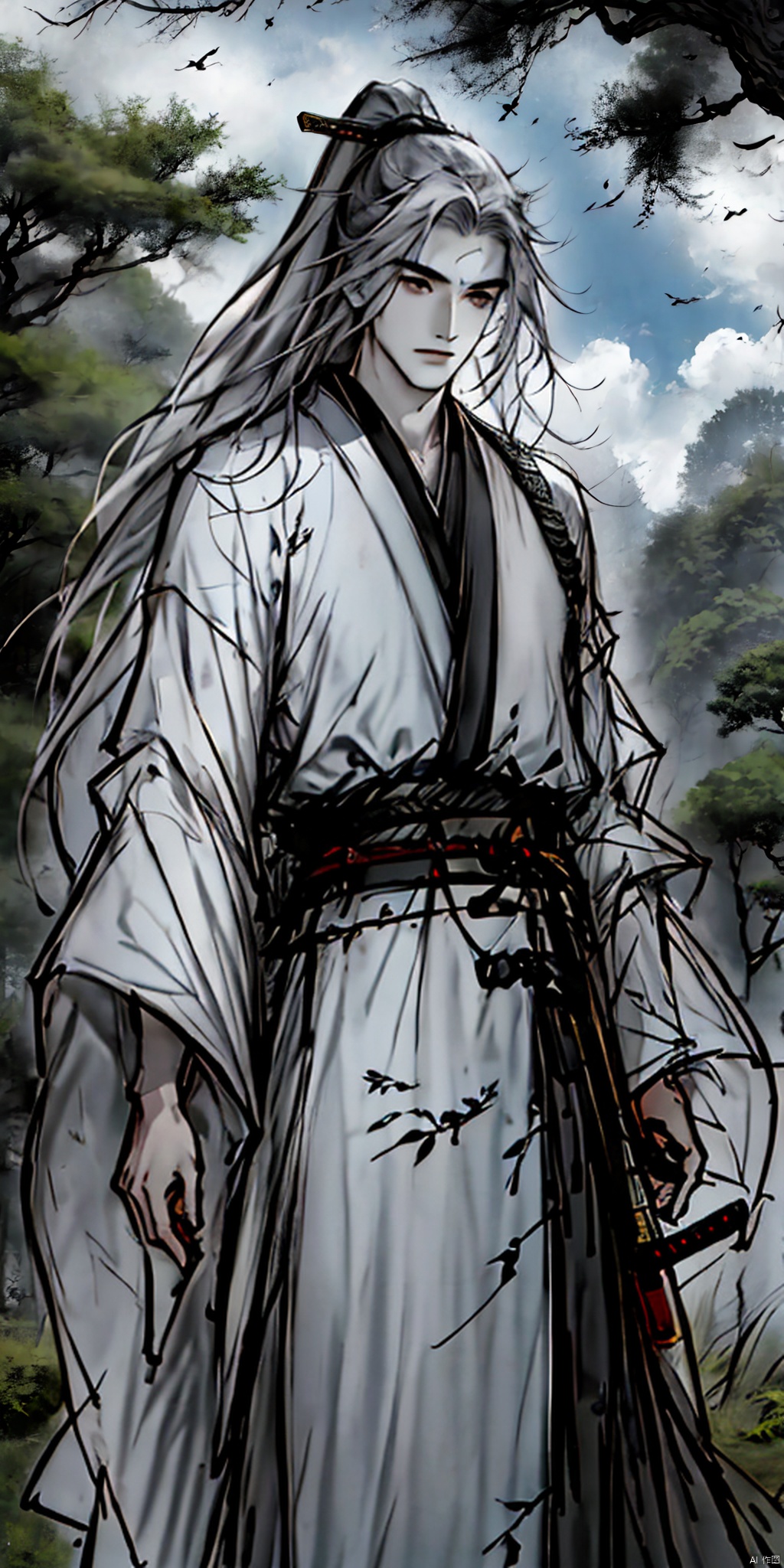 恐怖,solo, long hair, bwhite hair, 1boy, holding, standing, ponytail, weapon, male focus, outdoors, japanese clothes, sky, sword, cloud, wide sleeves, holding weapon, tree, bandages, holding sword, from below, 