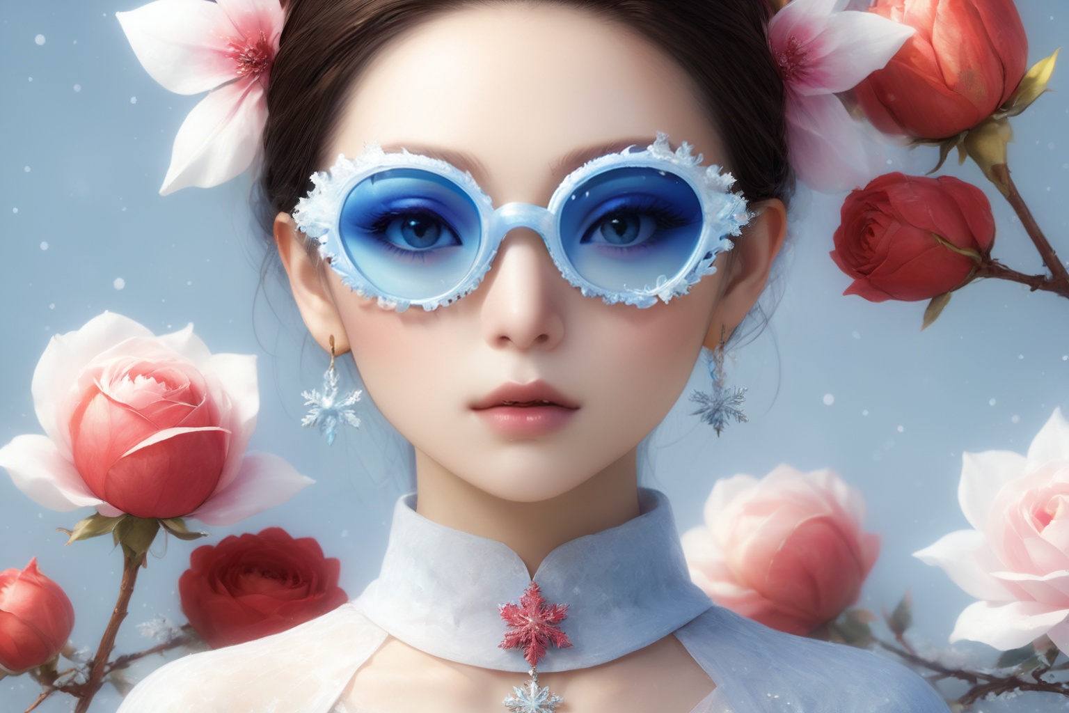 Create a modern-styled portrait of a gentle lady inspired by roses and love,  wearing snowflake glasses,  utilizing the vi...