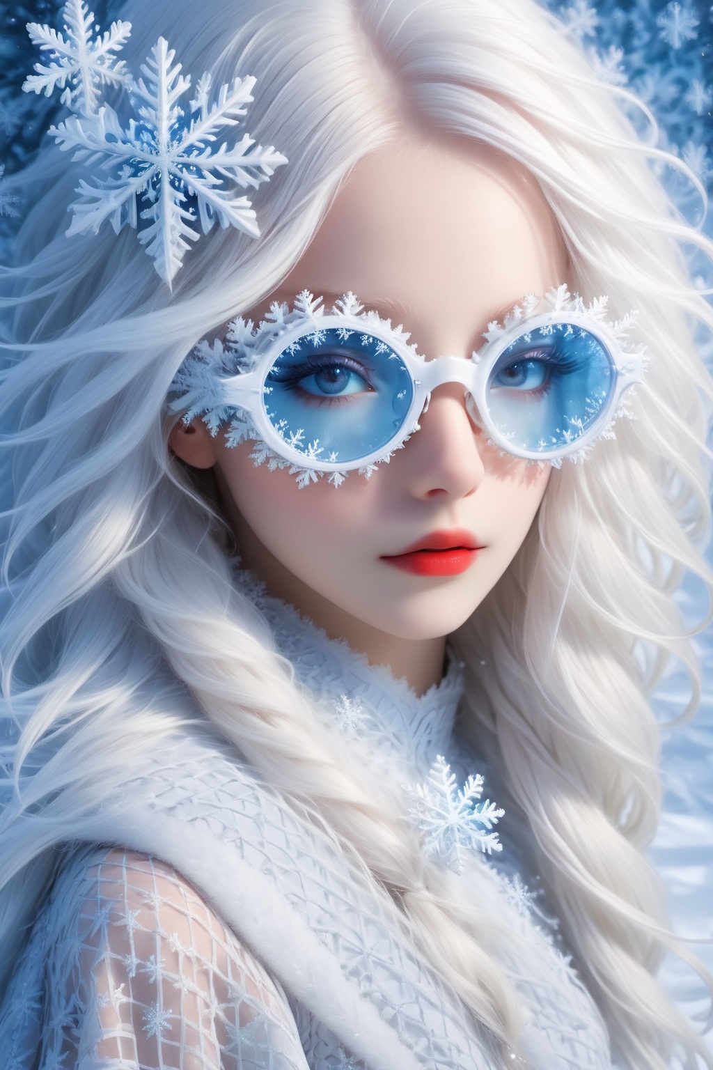 A girl with extremely fair complexion,  almost appearing ghostly,  possesses stunning flowing white hair that cascades dow...