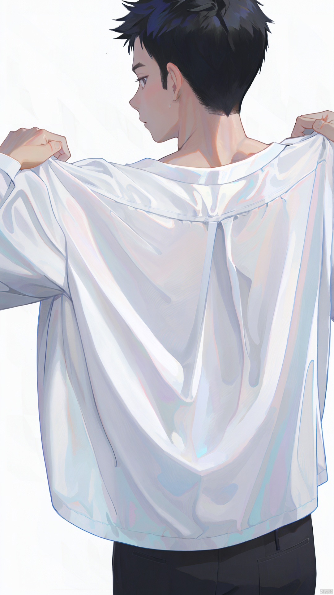 1boy, male focus, solo, black hair, looking back, back, from behind, short hair, **********, shirt, white background, muscular, muscular male, white shirt, looking at viewer