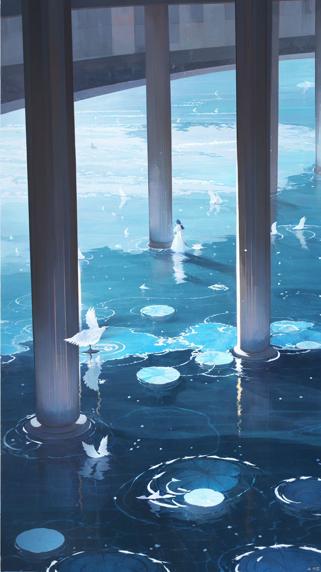 pillar, bird, reflection, 1girl, water, scenery, solo, ripples, long hair, column, very wide shot, blue theme, dress