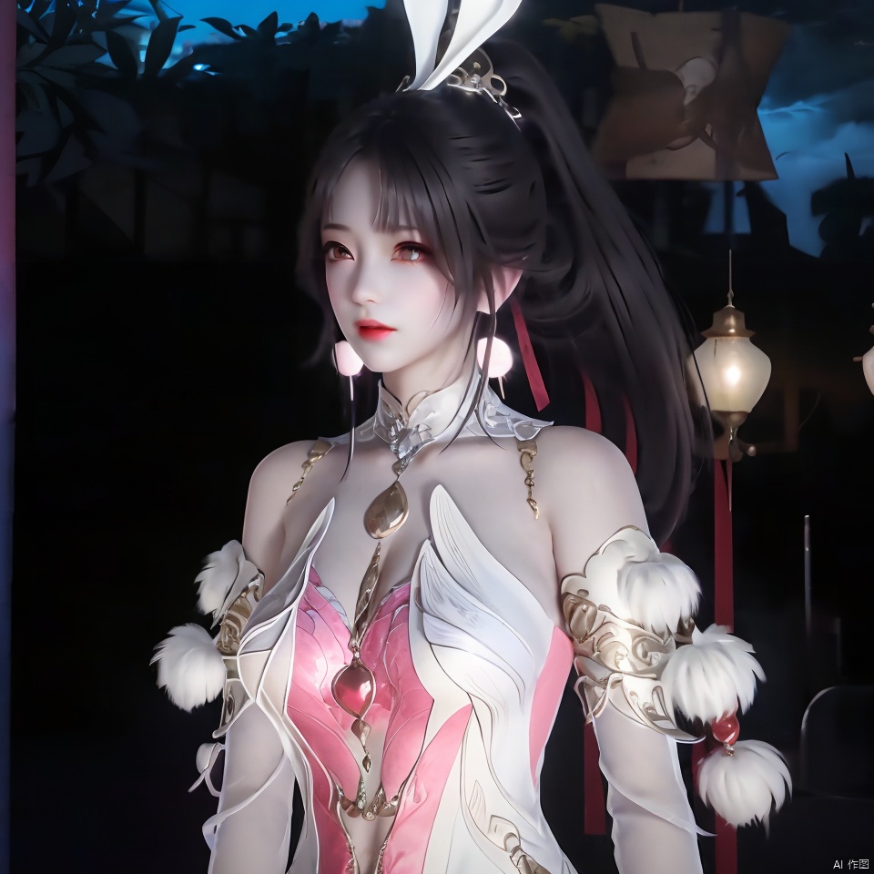 1girl, solo, black hair, hair ornament, dress, animal ears, bare shoulders, jewelry, upper body, ponytail, earrings, rabbit ears, pink dress