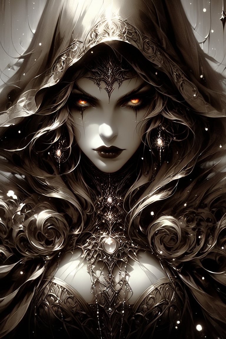 close up of a vampire woman : extreme detail : intricate motifs : by Bastien Lecouffe Deharme : jeremy mann : andree walli...