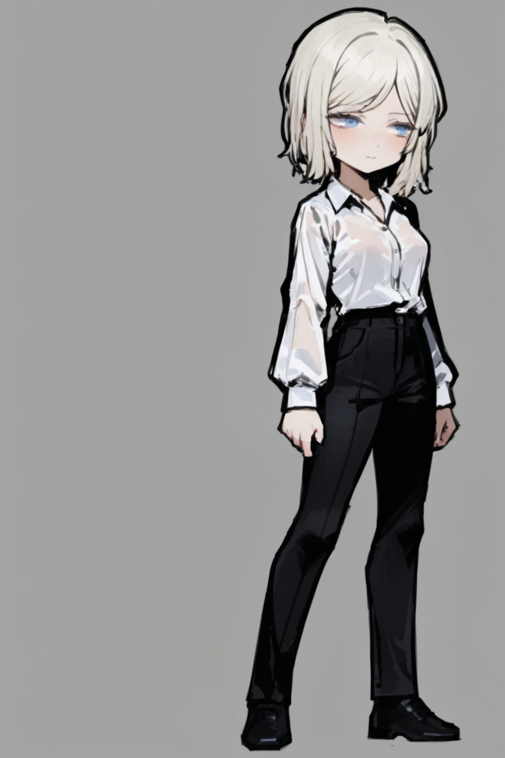 masterpiece, best quality, highres, full body, 1girl, solo, LCSD, standing, (black slacks, white shirt, black shoes), (white hair, medium hair, blue eyes, medium breasts, pale skin), simple_background, gray_background,LimbusCompany_Faust