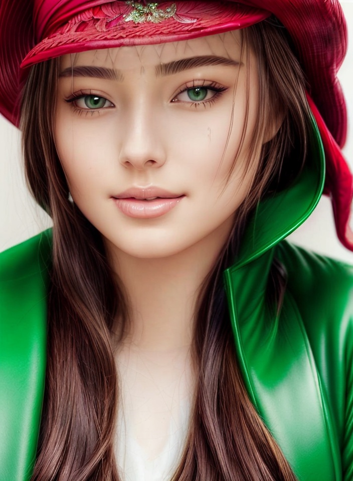 Watercolor painting of an beautiful woman with a red hat and a green coat,  perfect face,  perfect eyes on Tensor.Art