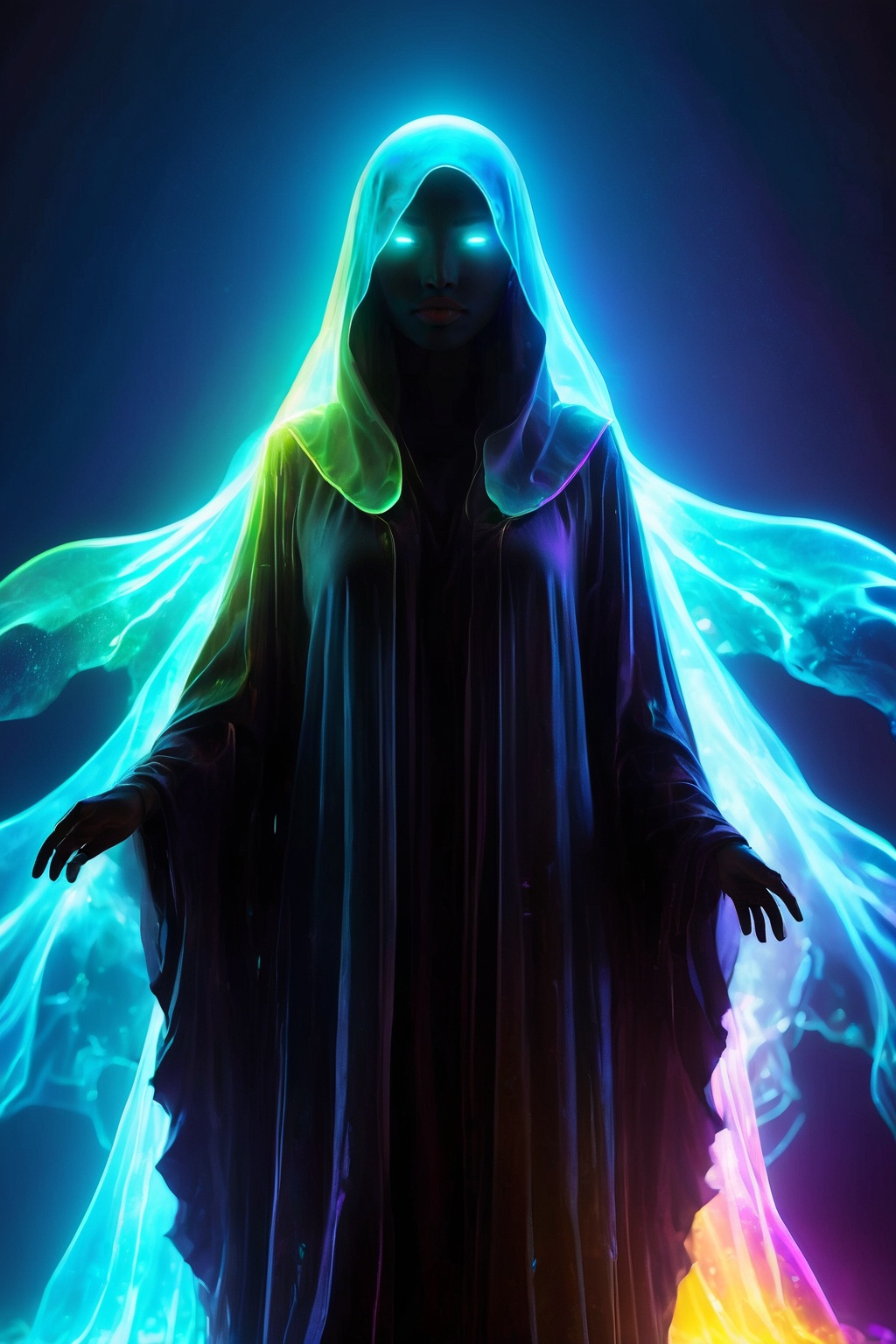 Ultra detailed illustration of a ghostly robed woman silhouette,  phantasmagorical and translucent figure:1.5,  translucen...