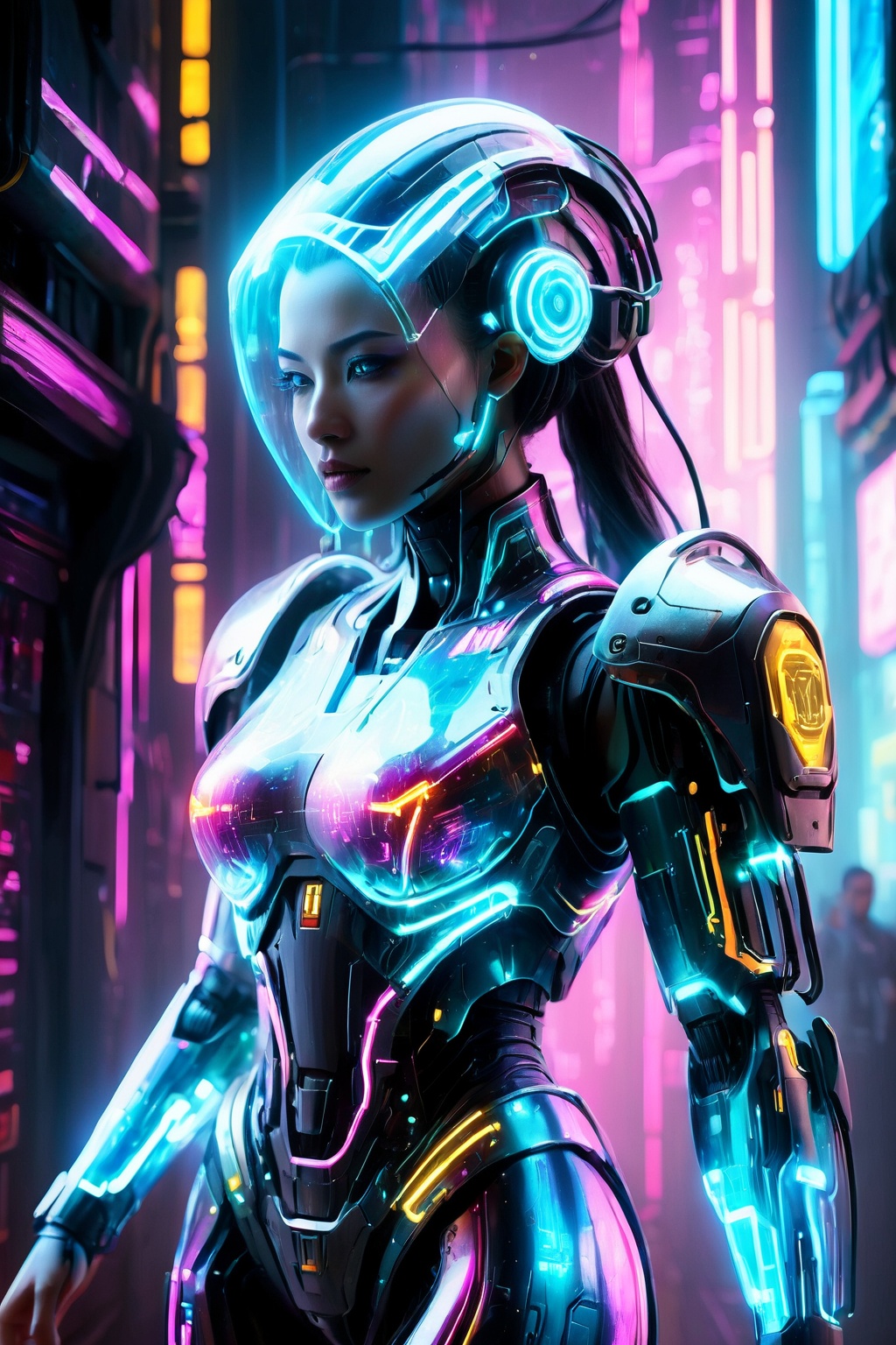 Ultra detailed illustration of a cyberpunk female mech warrior,  phantasmagorical and translucent armor:1.5,  translucent...