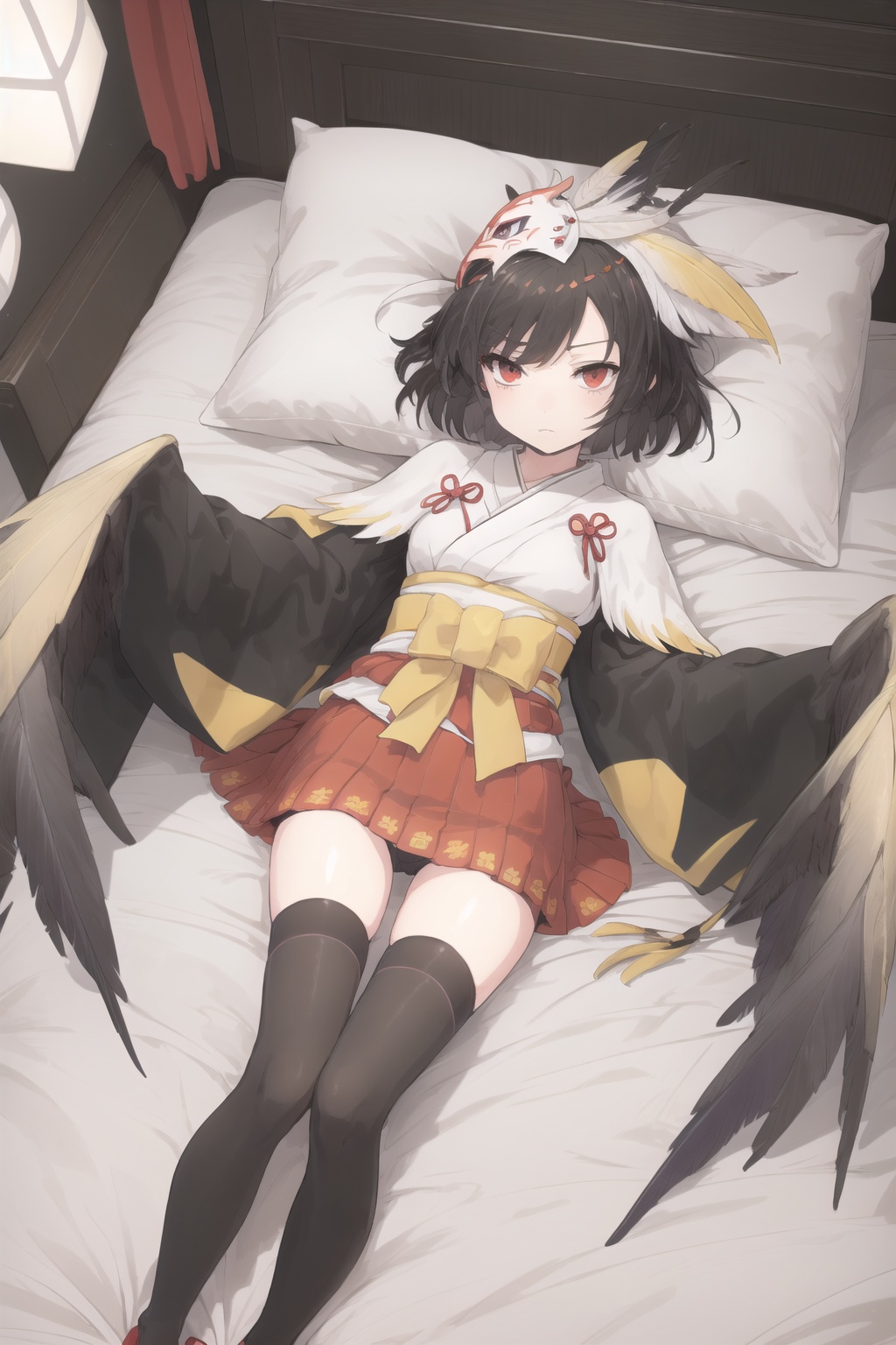 In the room,  a big bed, , Look audience, japanese clothes,  red eyes,  black hair,  black thighhighs,  feathers,  mask on head,  short hair,  geta,  wide sleeves,  thighhighs,  red skirt, (arms wings), Monster Girl, , , From above, serious face, ((lying)), , lying, on the bed, girl,<lora:EMS-294711-EMS:0.900000>,<lora:EMS-34194-EMS:0.100000>