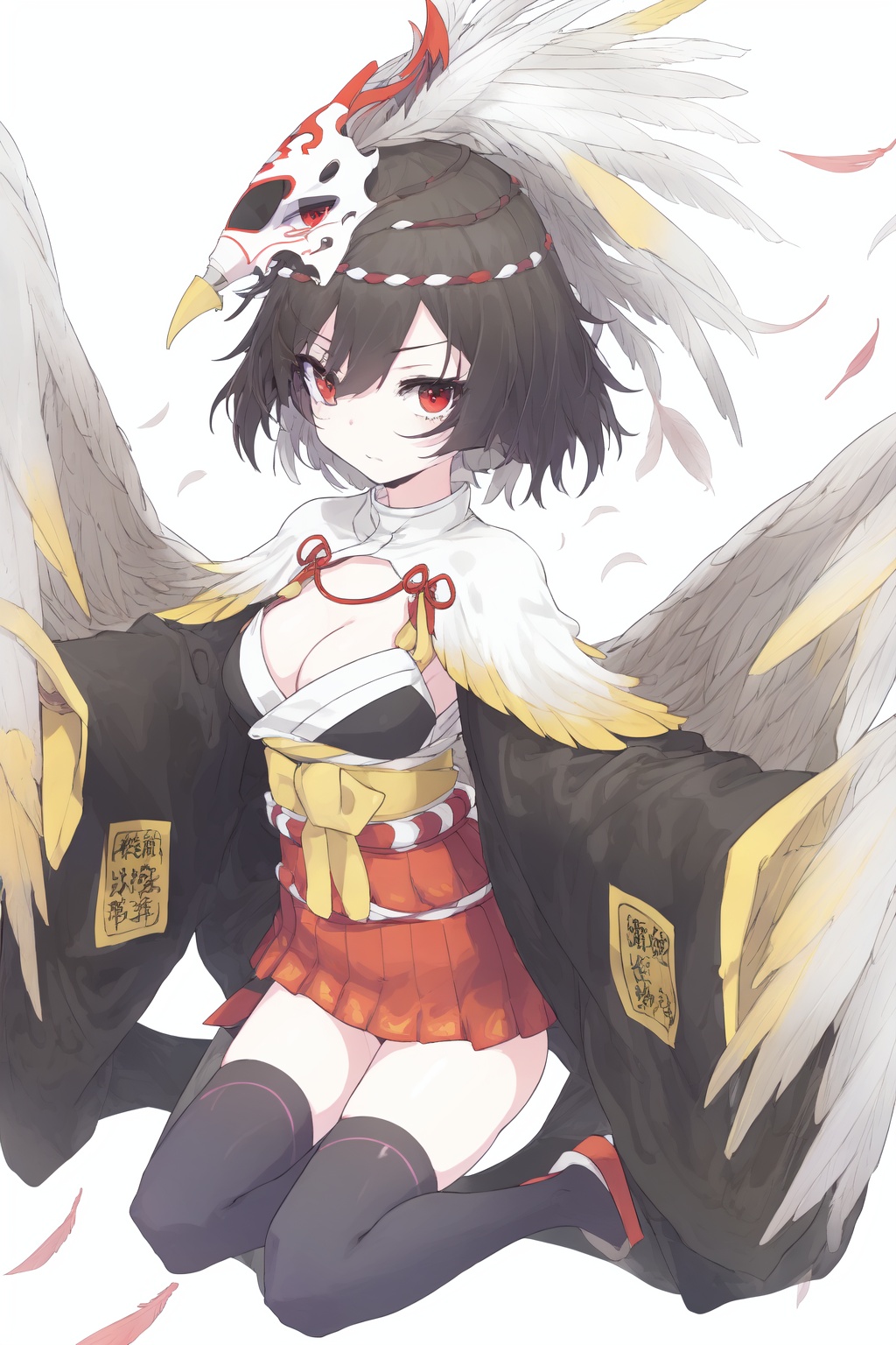 Mature, Look audience, japanese clothes,  red eyes,  black hair,  black thighhighs,  feathers,  mask on head,  short hair,  geta,  wide sleeves,  thighhighs,  red skirt, (arms wings), Monster Girl,<lora:EMS-294711-EMS:1.000000>