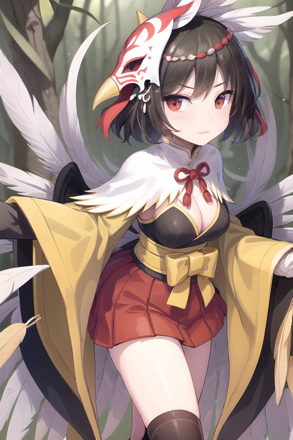 masterpiece,  best quality,  ultra detailed,  best shadow, 16K, CG, perfect, magnum opus, Incomparable, masterpiece, beautifully detailed wallpaper, hyperdetail, ((beautiful detailed face)), ((perfect hands of legs)), Perfect proportions, exquisite facial features,  perfect figure, , , In the open air,  in the forest,  the trees around,  the water around, , , 1girl, solo, Young girl, japanese clothes,  red eyes,  black hair,  black thighhighs,  feathers,  mask on head,  short hair,  geta,  wide sleeves,  thighhighs,  red skirt, arms wings, , Hands claws,<lora:EMS-294711-EMS:0.800000>