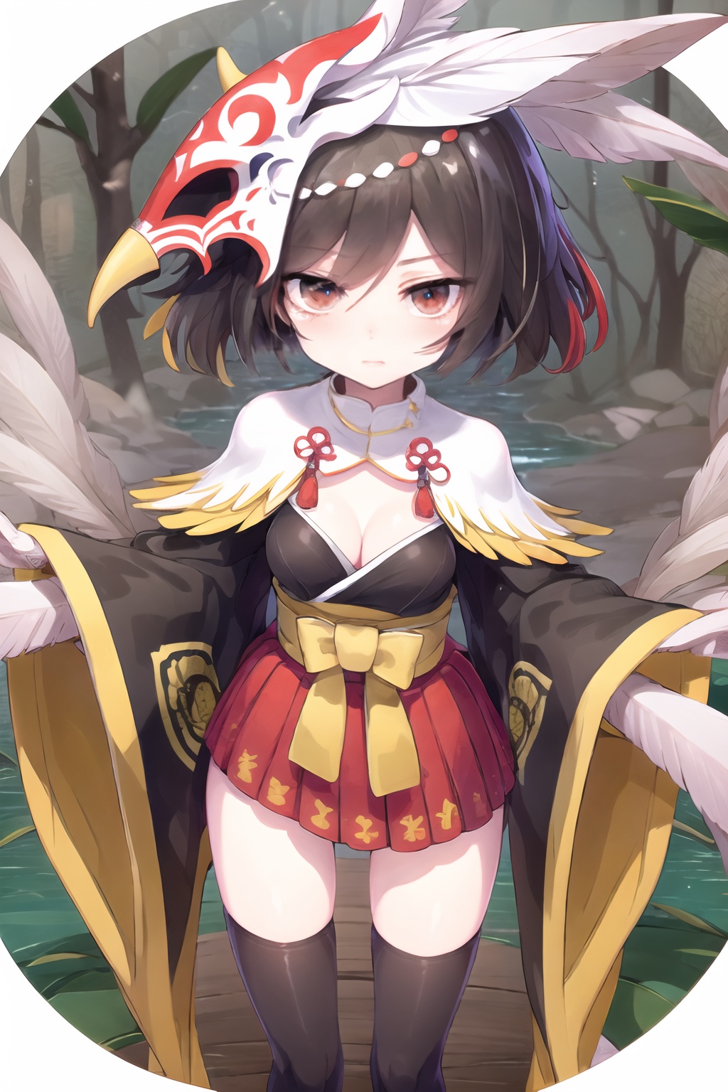masterpiece,  best quality,  ultra detailed,  best shadow, 16K, CG, perfect, magnum opus, Incomparable, masterpiece, beautifully detailed wallpaper, hyperdetail, ((beautiful detailed face)), ((perfect hands of legs)), Perfect proportions, exquisite facial features,  perfect figure, , , In the open air,  in the forest,  the trees around,  the water around, , , 1girl, solo, Young girl, japanese clothes,  red eyes,  black hair,  black thighhighs,  feathers,  mask on head,  short hair,  geta,  wide sleeves,  thighhighs,  red skirt, arm wings, , Hands claws, , Arms behind,<lora:EMS-294711-EMS:1.000000>