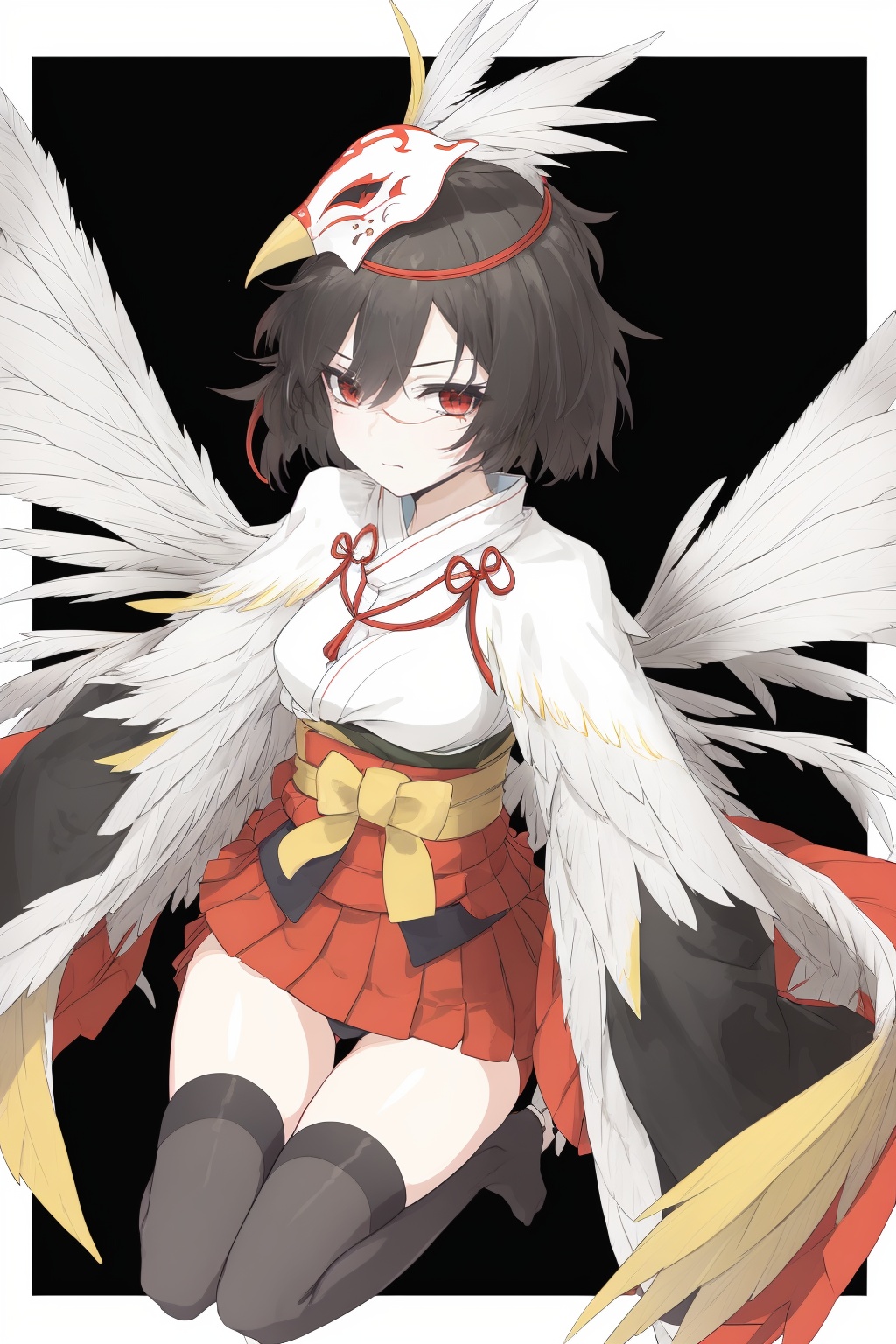 Mature, japanese clothes,  red eyes,  black hair,  black thighhighs,  feathers,  mask on head,  short hair,  geta,  wide sleeves,  thighhighs,  red skirt, Arms wings, Claw,<lora:EMS-294711-EMS:0.800000>