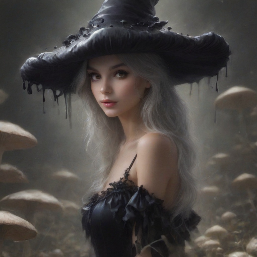 ""Dark romance fantasy,  a witch brewing a potion in a alchemy lab,  wearing a inkycapwitchy hat that is shaped like a mus...