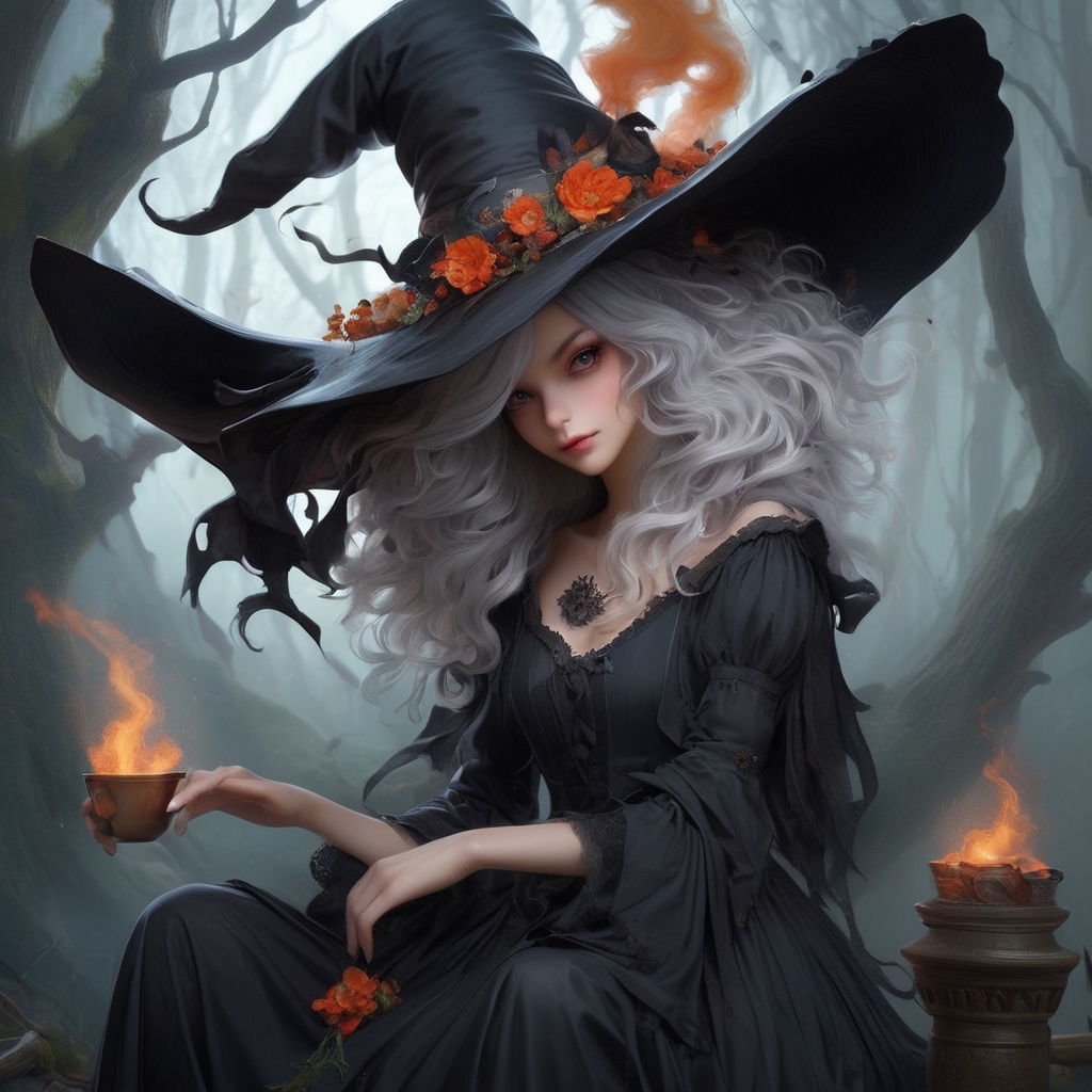 a witch drinking tea in a alchemy lab!!!,  colorful steam rising from the teacup,  she is wearing a sexy black and purple...