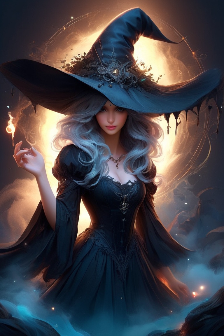 Inside a glowing alchemy lab!! a witch brewing a potion in!!!,  hat with a dripping brim!!,  sharp focus on Tensor.Art