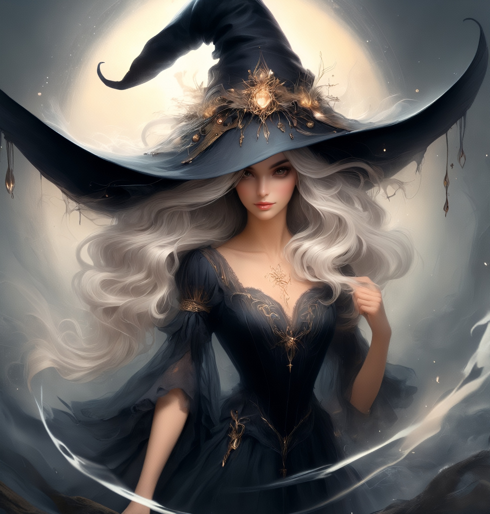 Inside a glowing alchemy lab!! a witch brewing a potion in!!!,  hat with a dripping brim!!,  sharp focus on Tensor.Art