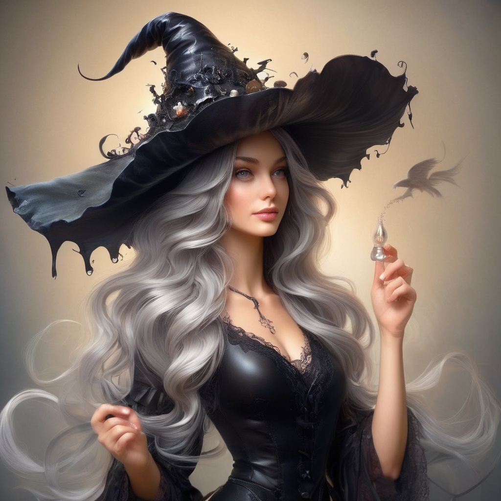 a witch brewing a potion in a alchemy lab,  wearing an inkycapwitchyhat,  sharp focus on Tensor.Art