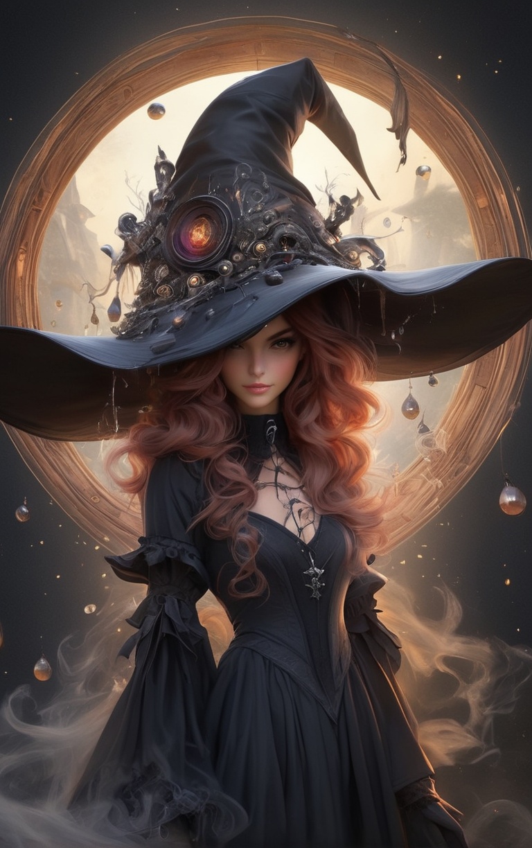 a witch brewing a potion in a alchemy lab!!!,  wearing an inkycapwitchyhat,  sharp focus on Tensor.Art