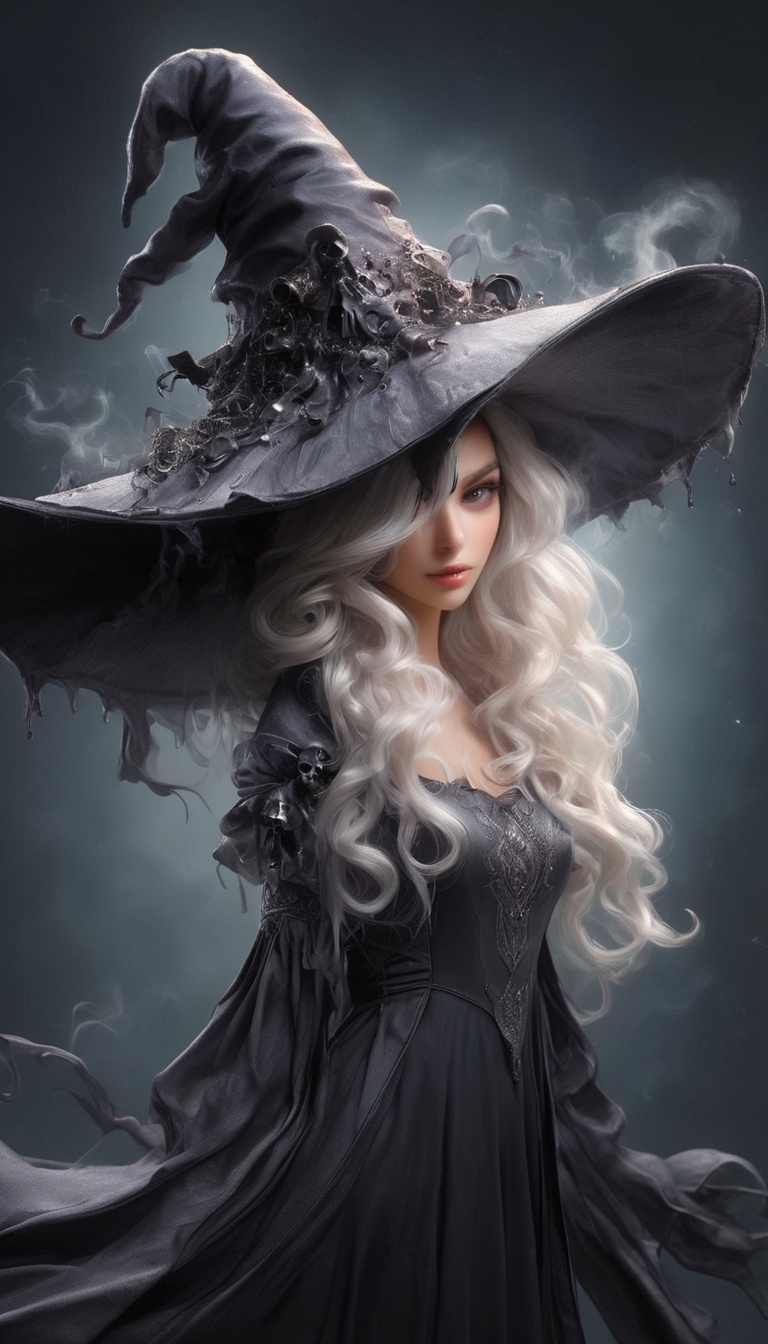 a witch brewing a potion in a alchemy lab!!!,  wearing an inkycapwitchyhat with a dripping brim!! Prominent mushroom-style...