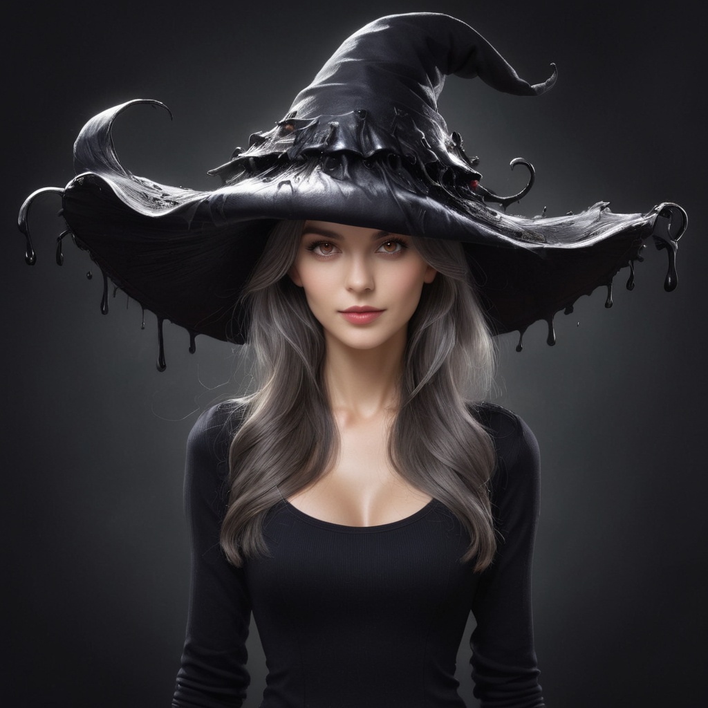 a witch brewing a potion in a alchemy lab!!!,  wearing an inkycapwitchyhat with a dripping brim!! Prominent mushroom-style...