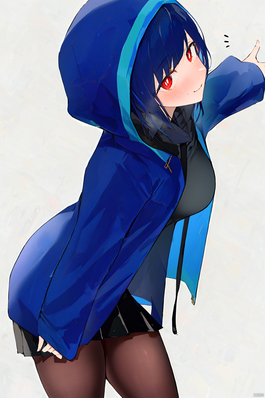  (masterpiece, extremely detailed 8k wallpaper,best quality, good_hand, nice_hand, good_leg), ((5_fingers)), (best illumination, extremely delicate and beautiful), finely detail, PIXIV, simple_background, 1girl, solo, thick_thigh, short_hair, naughty_face, coat, looking_at_viewer, cowboy_shot, hoodie, black_skirt, fur_trim, sweater, black_pantyhose, red_eyes, unusual_pupils, blue_hair, black_hair, open_jacket, looking_down, from_side, suit, scarf, average_breasts, 