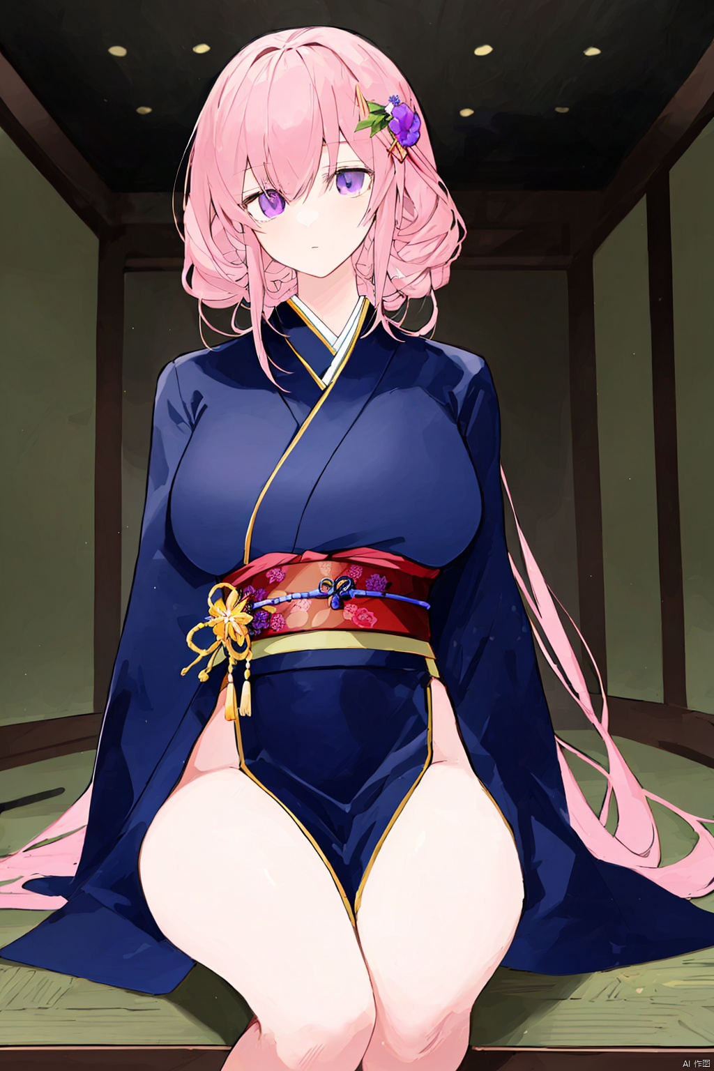  (masterpiece, extremely detailed 8k wallpaper,best quality, good_hand, nice_hand, good_leg), ((5_fingers)), (best illumination, extremely delicate and beautiful), finely detail, PIXIV, simple_background, 1girl, solo, big_breasts, thick_thighs, emotionless, expressionless, japanese_clothes, flowers, lace_trim, sitting, very_long_hair, light_pink_hair, purple_eyes, cowboy_shot, naked_legs, hair_ornaments, coiling, indoors, purple_flowers, hair_pin, hair_stick, flower_blossoms, obi, leg_ribbon, seiza, 