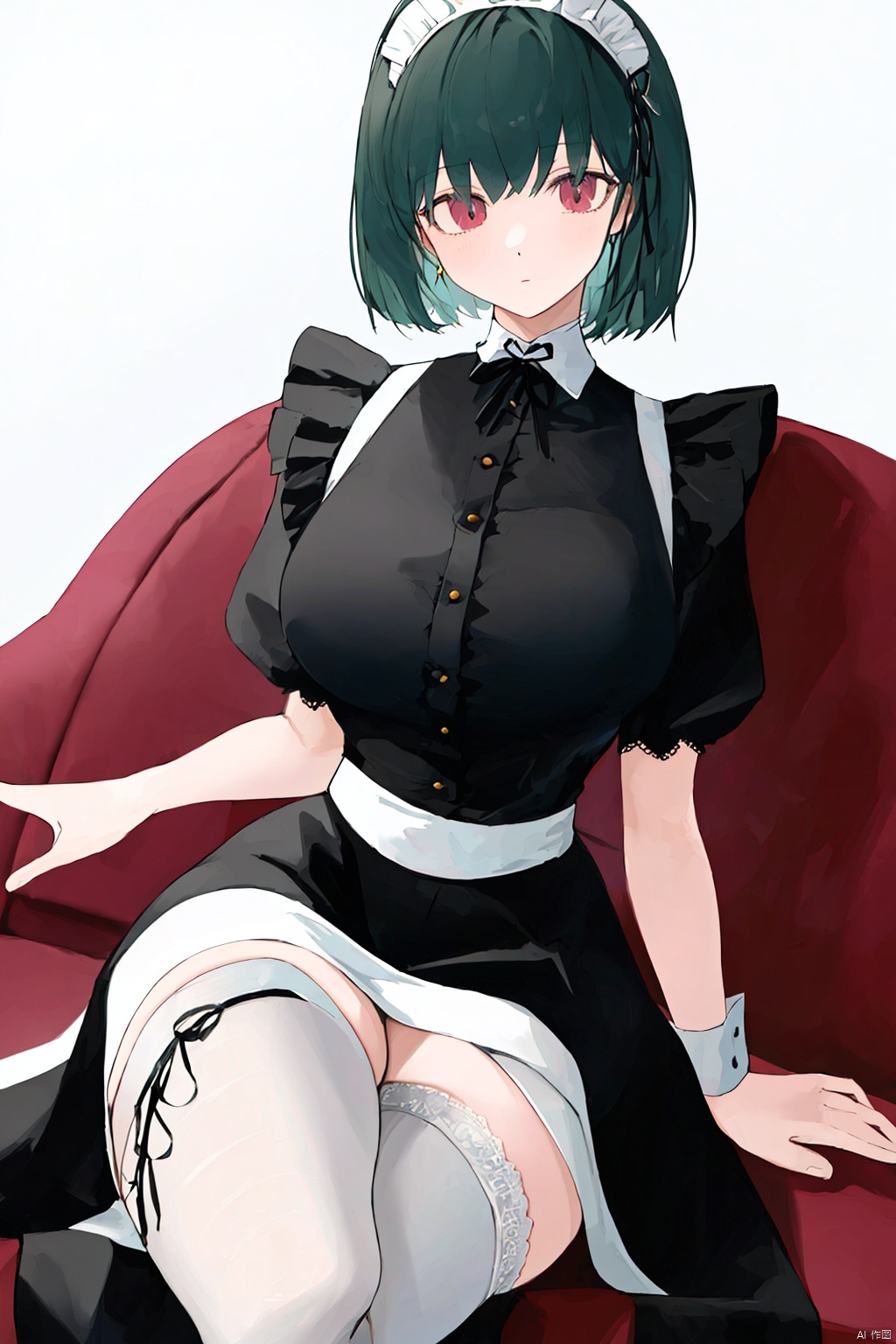  (masterpiece, extremely detailed 8k wallpaper,best quality, good_hand, nice_hand, good_leg), ((5_fingers)), (best illumination, extremely delicate and beautiful), finely detail, PIXIV, simple_background, 1girl, solo, big_breasts, maid_costume, white_thighhighs, bob_cut, w-sitting, on_sofa, lace_trim, thick_thighs, buttons, leg_ribbon