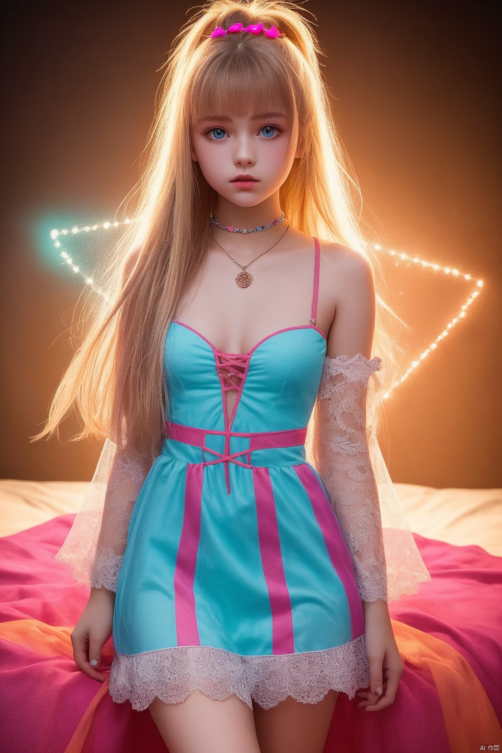  high quality body photography of a young girl, Russian girl, 1girl, 14yo, Glow-in-the-dark cutout dress, detailed hair ornament,beautiful detailed eyes,beautiful and aesthetic,super high resolution,Vivid colors, Vivid colors, Sharp focus, Physically-based rendering,[[fullbody]]