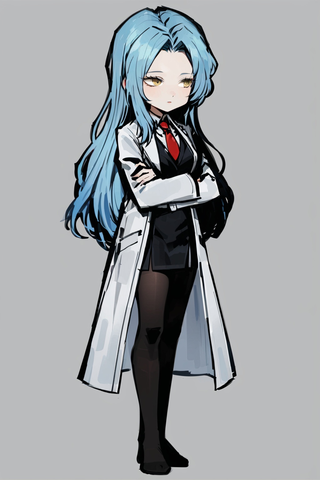 masterpiece, best quality, highres, full body, 1girl, solo, LCSD, standing, (black pencil skirt, white shirt, black vest, red necktie, black stockings, no shoes, labcoat, white long labcoat), (light blue hair, long hair, golden eyes, medium breasts, pale skin, long legs, bangs, parted bangs), simple_background, gray_background,LimbusCompanySD,LC_Angela,LCSD