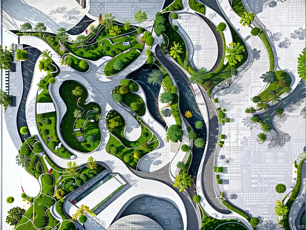  Top view,general drawing,masterplan,water,tree,丝路10, Top view,green land，road