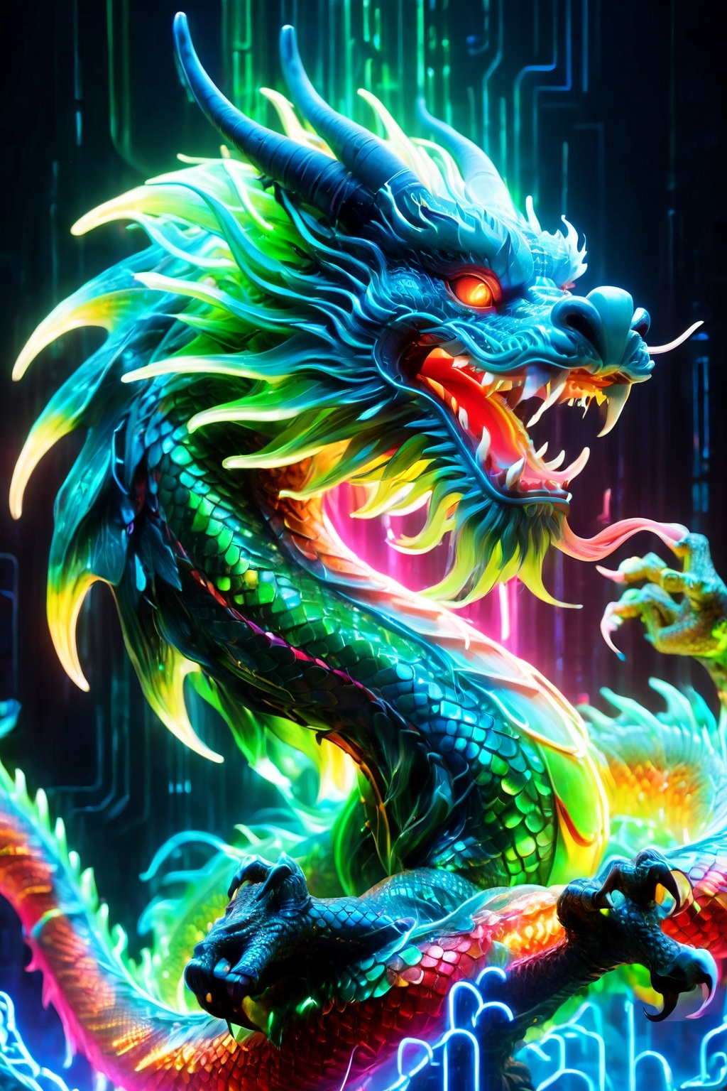 Spectral Chinese dragon,  translucent body glowing,  neon light aura on Tensor.Art