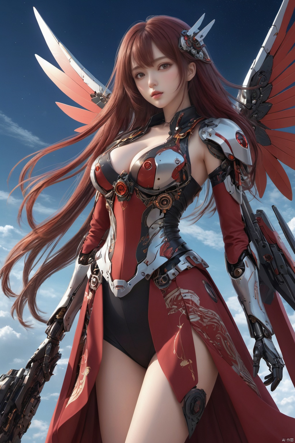  ((masterpiece)), ((best quality)), ((illustration)), extremely detailed,1 girl,mecha clothes,, big breasts,Dark red very_long_hair, scifi hair ornaments, beautiful detailed deep eyes, beautiful detailed sky, cinematic lighting, wind,Mechanical wings