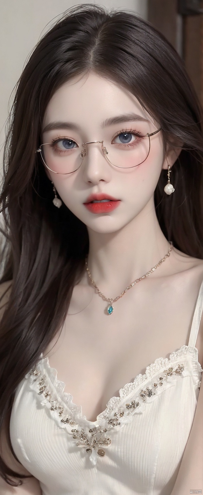  1girl, solo, long hair, breasts, looking at viewer, blue eyes, large breasts, dress, cleavage, bare shoulders, jewelry, white hair, earrings, parted lips, glasses, necklace, round eyewear, red lips,Lace underwear,(Body ratio 5：3),,立, liuguang