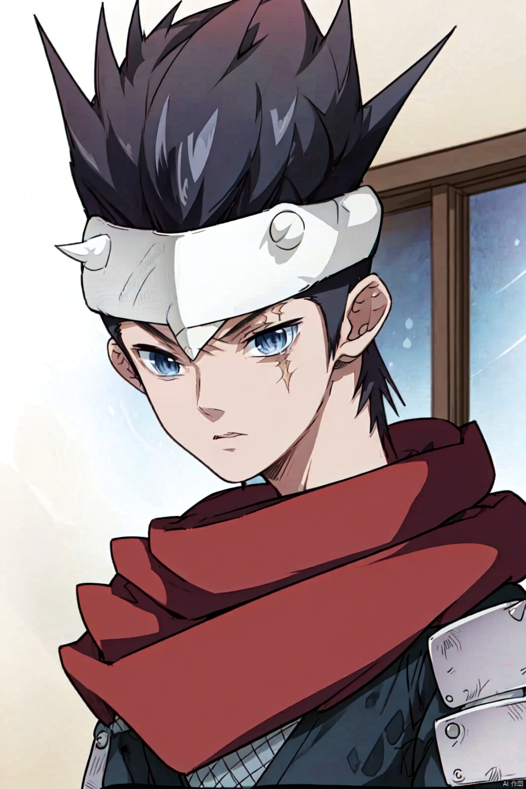 solo, looking at viewer, short hair, blue eyes, black hair, 1boy, male focus, scarf, scar, spiked hair, scar on face, red scarf, ninja, forehead protector