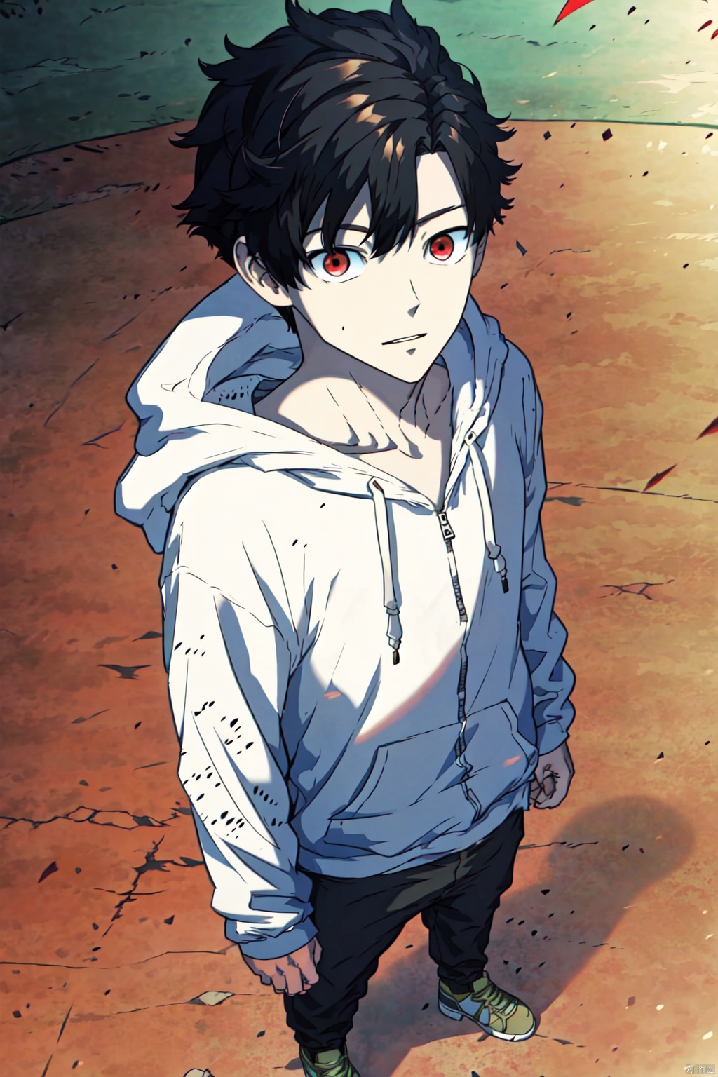 solo, looking at viewer, short hair,red eyes, black hair, 1boy, male focus,hoodie