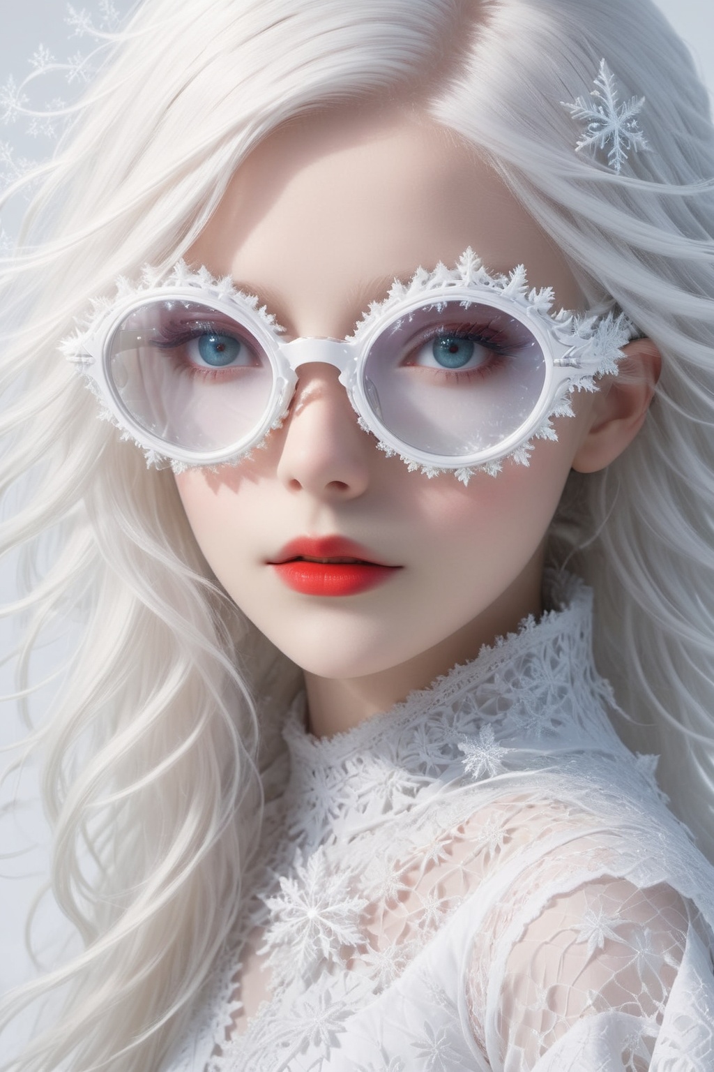 A girl with extremely fair complexion,  almost appearing ghostly,  possesses stunning flowing white hair that cascades dow...