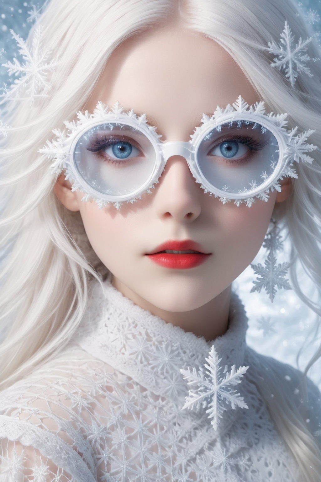 A girl with extremely fair complexion,  almost appearing ghostly,  possesses stunning flowing white hair that cascades dow...
