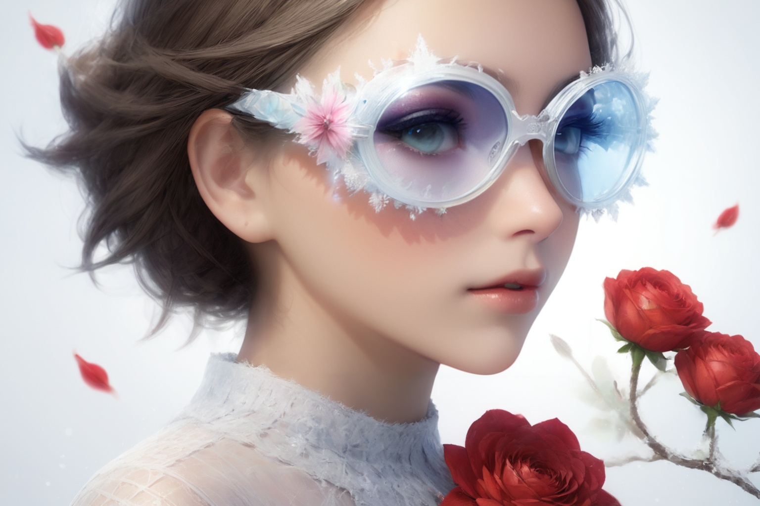 Create a modern-styled portrait of a gentle lady inspired by roses and love,  wearing snowflake glasses,  utilizing the vi...