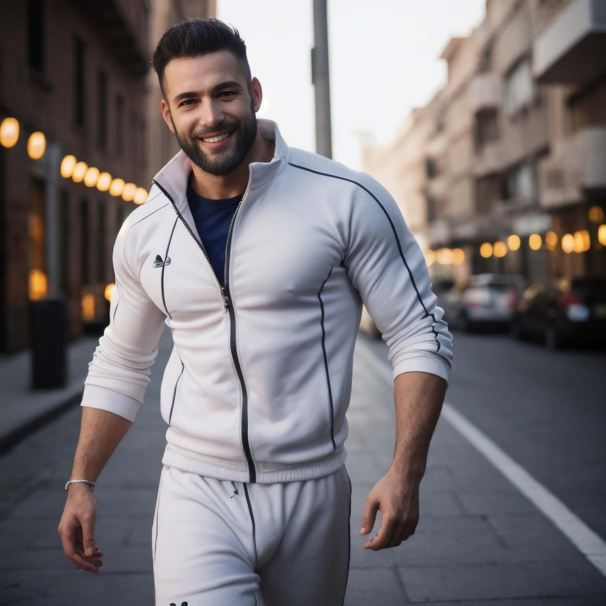 photo of muscular bearded (man) in a worn ((skin-revealing skimpy erotic white tracksuit,  massive hairy pecs)),  big pecs...