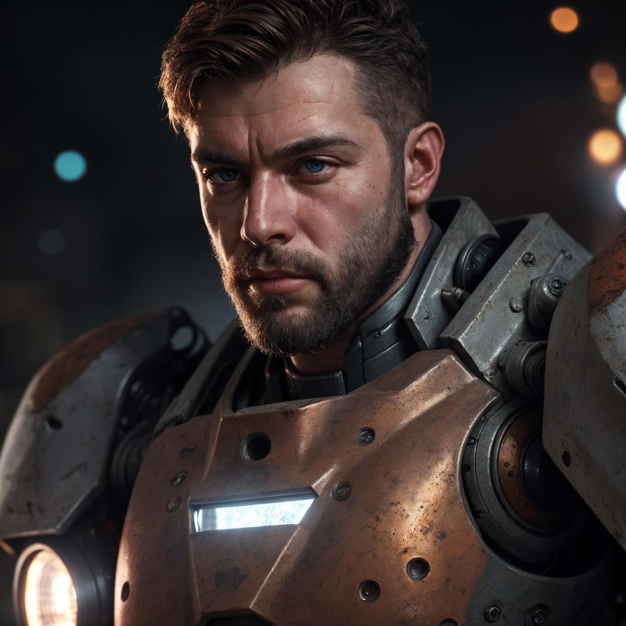 close up Portrait photo of muscular bearded guy in a worn mech suit,  ((light bokeh)),  intricate on Tensor.Art