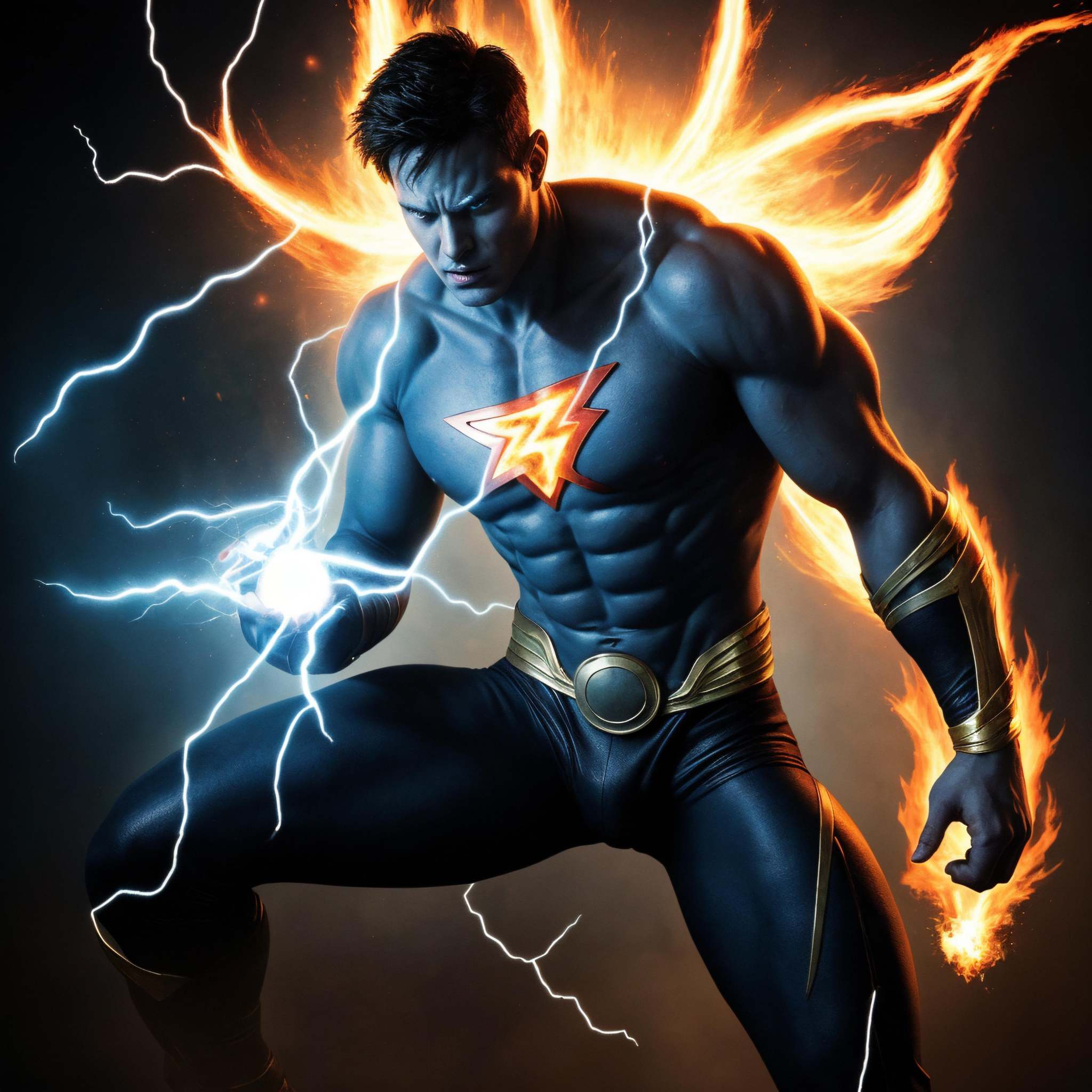 male superhero with magical abilities,  conjuring elements like fire and lightning,  emanating an aura of mystique. on Ten...