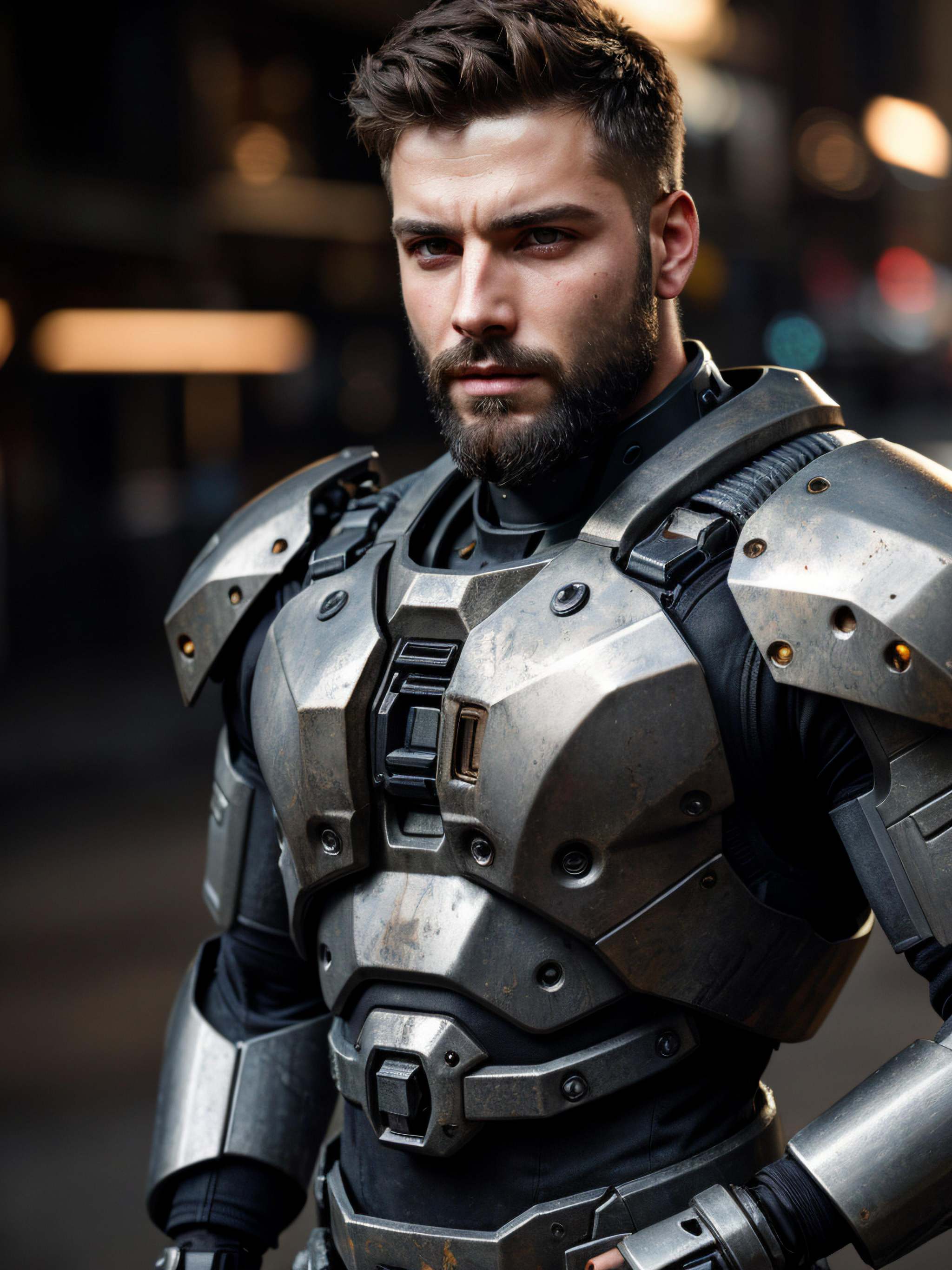 close up Portrait photo of muscular bearded guy in a worn mech suit,  ((light bokeh)),  intricate on Tensor.Art