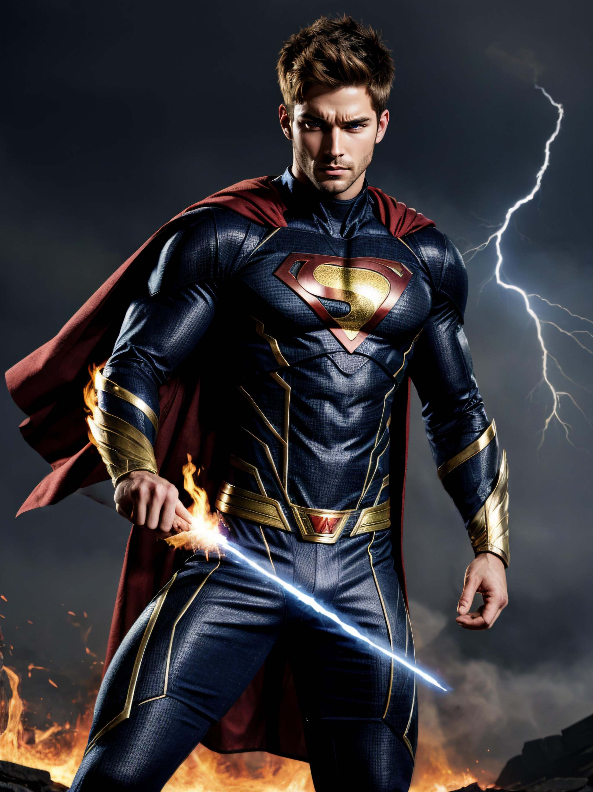 male superhero with magical abilities,  conjuring elements like fire and lightning,  emanating an aura of mystique. on Ten...
