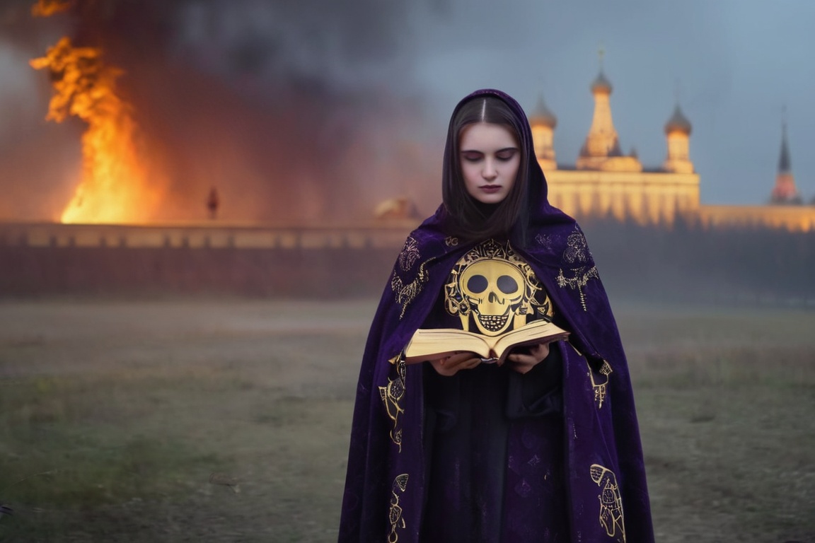 realistic breathtaking epic portrait of touching by her necromancy magic book with intricate decoration,  wearing black-vi...