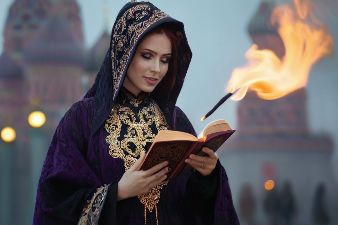 realistic breathtaking epic portrait of touching by her necromancy magic book with intricate decoration,  wearing black-vi...